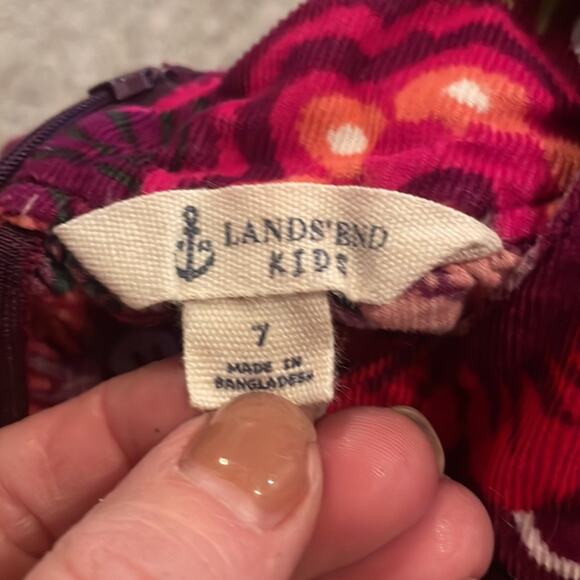 Lands End kids purple corduroy dress with pink, red floral print size 7 - Picture 3 of 5